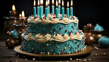 AI generated Birthday cake with colorful candles. Created with Generative AI photo