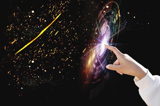 Big Data concept. Digital neural network.Business woman hand touching Introduction of artificial intelligence. Cyberspace of future.Science and innovation of technology. photo