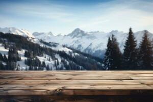 AI generated Wooden table top on winter mountains background - can be used for display or montage your products photo