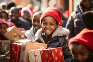 AI generated Cute african american boy with christmas presentset photo
