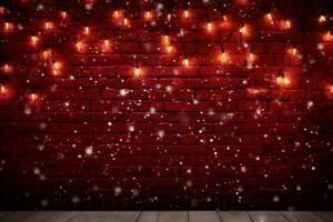 ai generado Navidad antecedentes con rojo ladrillo pared y un guirnalda de ligero bombillas foto