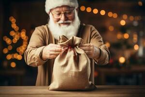 ai generado retrato de Papa Noel claus participación un bolso con regalos en su manos foto