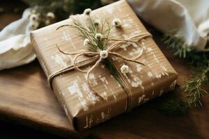 AI generated Christmas presents wrapped in craft paper and tied with twine on rustic wooden background photo