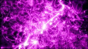 suddig lila abstrakt bakgrund av bokeh och små runda partiklar och rader av energi magisk Semester flygande prickar på en svart bakgrund video