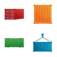 Cargo container icons set cartoon vector. Industrial crane hook and container vector