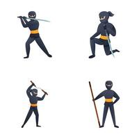 ninja combatiente íconos conjunto dibujos animados vector. ninja personaje en luchando actitud vector