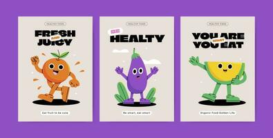 Healthy food characters cards set vector