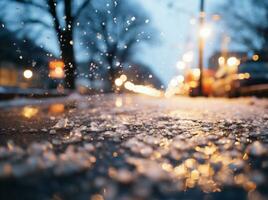 AI generated Snow on the road in the city at sunset. Defocused background. photo