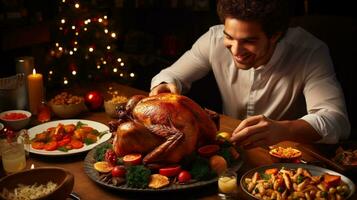 AI generated Happy man eating roasted turkey for christmas dinner at home. Traditional holiday food concept. photo