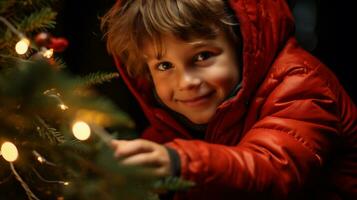 AI generated Cute little boy in red jacket choosing christmas tree outdoors. photo