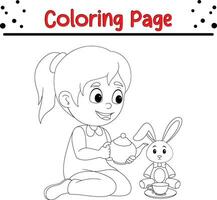 girl playing rabbit doll coloring page vector