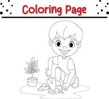 cute little boy watering plants coloring page vector