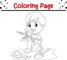 little boy planting plant coloring page vector