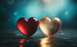 AI generated Valentine's day background with two hearts and bokeh lights photo