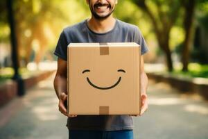 AI generated Cropped image of smiling delivery man holding cardboard box with smiley face photo