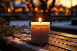 AI generated Burning candle on wooden table outdoors at night. Winter holiday concept photo