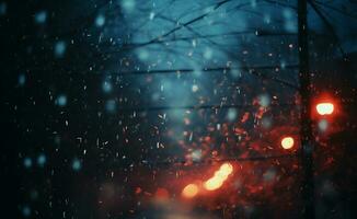 ai generado nevada en el ciudad a noche. borroso antecedentes con bokeh luces. foto