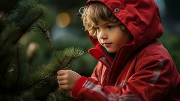 AI generated Cute little boy in red jacket choosing christmas tree outdoors. photo