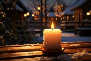 AI generated Burning candle on wooden table outdoors at night. Winter holiday concept photo