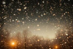 ai generado invierno antecedentes con copos de nieve y bokeh desenfocado luces foto