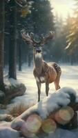 ai généré une cerf des stands dans le neige dans une forêt video