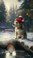 ai generado un perro vistiendo un Papa Noel sombrero sentado en un Iniciar sesión en el nieve video
