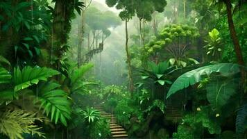 AI generated a jungle scene with a path leading to a waterfall video