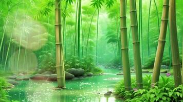 AI generated a beautiful green bamboo forest with water and trees video