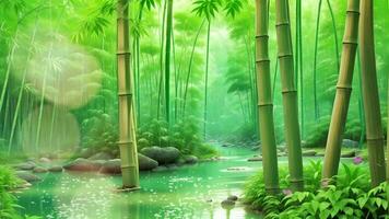 AI generated a beautiful green bamboo forest with water and trees video