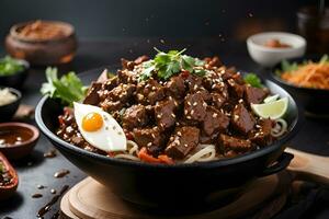 AI generated Beef bulgogi with sesame seeds on a black background AI Generated photo