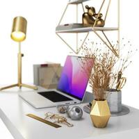 3d representación de dorado lugar de trabajo, oficina colocar, escritorio, silla, accesorios, decorativo elementos, computadora portátil, estante, estar foto