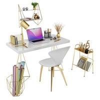 3d rendering of golden workplace, office set, desk, chair, accessories, decorative elements, laptop, shelf, stand photo