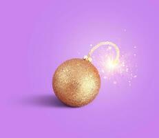 New Year 2024, concept. Christmas golden ball with wick and sparks burning on a pink background, creative idea. Explosion and the party begins. photo