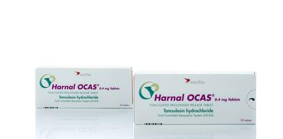 CHONBURI, THAILAND-OCTOBER 22, 2023 Harnal OCAS. Tamsulosin medicine for treatment Benign Prostatic Hyperplasia. Film-coated prolonged release tablet. Product of Astellas Pharma for treatment BPH. photo