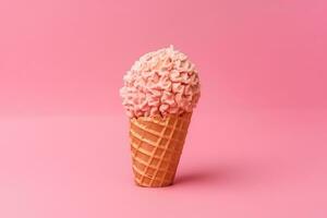 AI generated an ice cream cone with pink frosting on a pink background photo