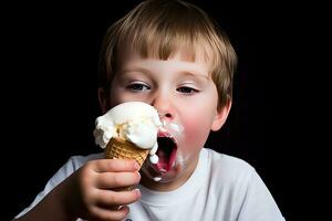 ai generado un joven chico comiendo un hielo crema cono foto