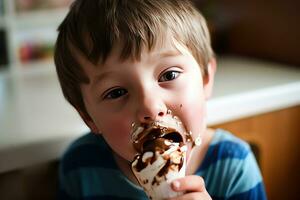 AI generated a young boy eating an ice cream cone photo