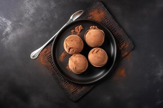 AI generated three chocolate ice cream balls on a black plate photo
