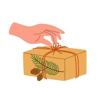 Hand holding gift boxes. Grant exchange concept xmas holiday, arms gives new year souvenirs. Wrapping Christmas gift box. Preparing for celebration christmas eve or new year. Vector illustration