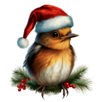 ai generiert süß Karikatur Vogel tragen Santa Hut Sitzung auf Ast im Winter Wunderland png