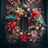 AI generated Handmade Christmas wreath on the window photo