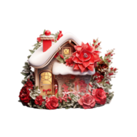 AI generated christmas small house made of wood and covered in red roses and other witner decorations png