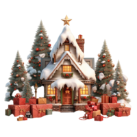 AI generated Snowy house with Christmas decorations and trees png