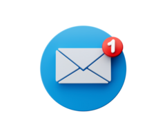 A blue circle with a white envelope and the letter 1 on it. Mail icon . 3d illustration png