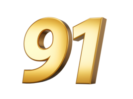 3d illustration of golden number ninety one or 91  with shadow. png