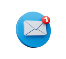 A blue circle with a white envelope and the letter 1 on it. Mail icon. 3d illustration png