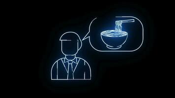 Animated sketch of a man and a sketch of a noodle bowl with a glowing neon saber effect video