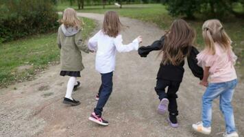 fyra liten flickor systrar Lycklig spelar i de sommar parkera innehav händer och löpning se från de tillbaka långsam rörelse video