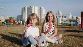 dois pequeno meninas sentar dentro a parque em a gramado dentro verão e comer gelo creme 4k video