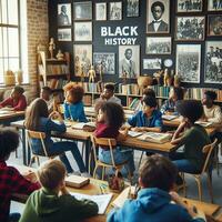 ai generado un educativo ajuste con diverso estudiantes de varios descensos aprendizaje acerca de negro historia foto